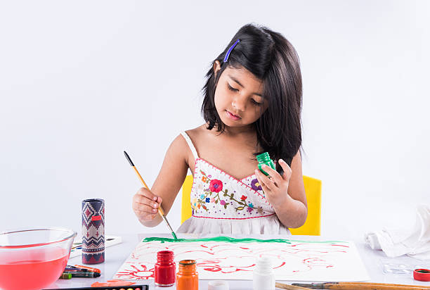 indian girl drawing, indian girl painting,asian girl colouring, paint brush and indian girl